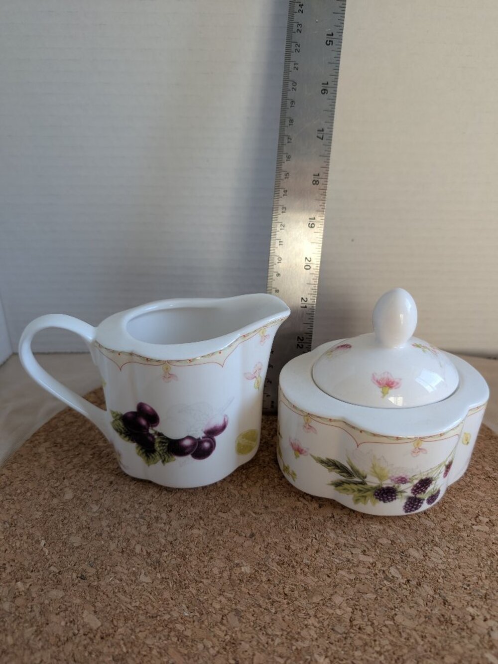 Stokes Sugar Bowl and Creamer. Fruit and floral Motif